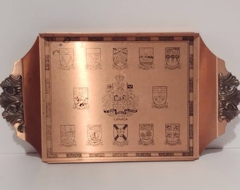 Vintage Fantasy Copperware Canada Provincial Coat of Arms Crest Rectangle Etched Metal Tray 15"