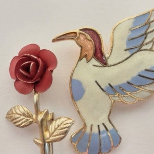 Vintage Enamel & Metal Bird Brooch Rose Flower Brooch Pin Jewelry Lot of 2 image 8