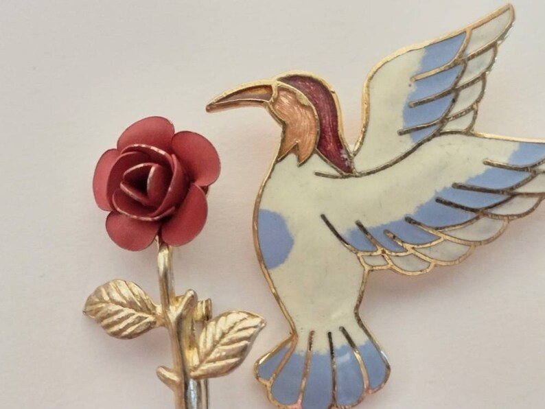 Vintage Enamel & Metal Bird Brooch Rose Flower Brooch Pin Jewelry Lot of 2 image 8