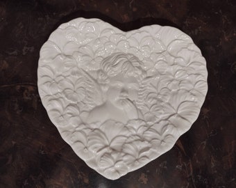 Vintage 1990s Hand Painted Ceramic Cherub Floral Heart Plate Made in Italy 8"