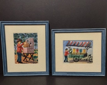 Vintage Signed Watercolor Hispanic Folk Art Street Vendor Market Scenes 9x10