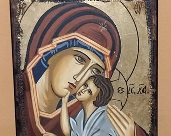 Hand Painted Liviu Balâc Virgin Mary With Child Jesus on Wood Byzantine Art 5x6