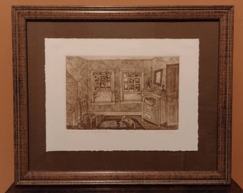 Signed & Numbered Leslie J Goodall Intaglio Etching "Sunbath in the Middle Room" 16/100 Cat Art 17x14
