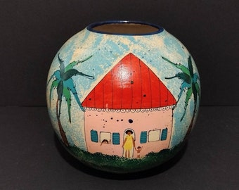 Vintage Diane Kwiecien Hand Painted Pottery Vase Island Life 6"