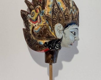 Vintage Indonesian Wayang Golek Hand Carved Wood Stick Puppet Asian Stick Puppet 14"