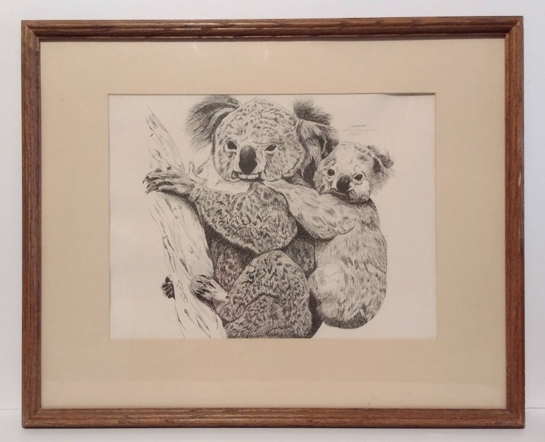Vintage 1980s Signed & Numbered Stan Smigiera Print 57/200 Koala Bear Mama and Baby Joey Portrait Naturalist Art 21x17 image 1