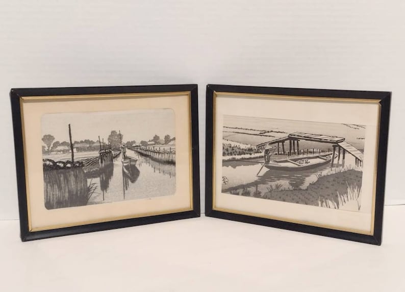 Vintage Okuyama Gihachiro Woodblock Print Boat Waterscape Scenes 9x7 image 1