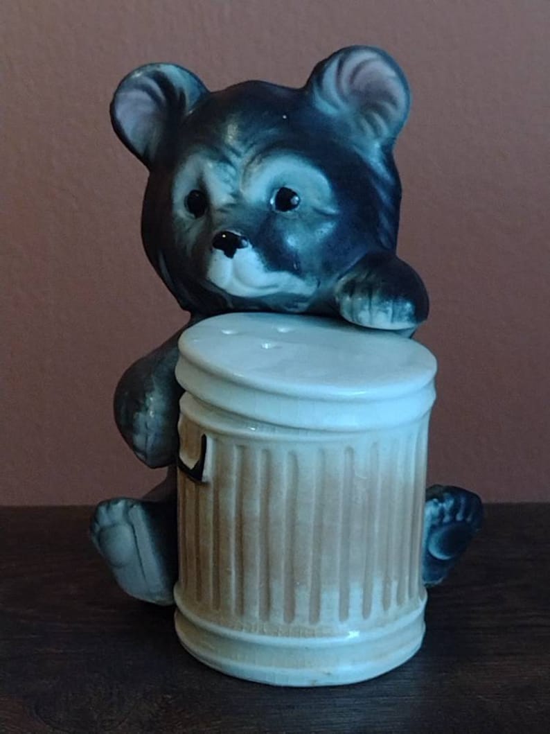 Vintage 1970s Fairway Japan Ceramic Bear Cub Trashcan Salt Pepper Shaker Set 4 image 1