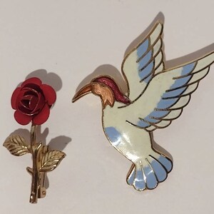 Vintage Enamel & Metal Bird Brooch Rose Flower Brooch Pin Jewelry Lot of 2 image 9