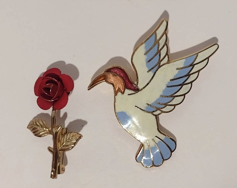 Vintage Enamel & Metal Bird Brooch Rose Flower Brooch Pin Jewelry Lot of 2 image 9