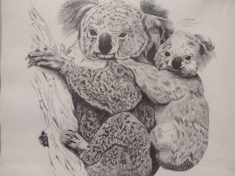 Vintage 1980s Signed & Numbered Stan Smigiera Print 57/200 Koala Bear Mama and Baby Joey Portrait Naturalist Art 21x17 image 2