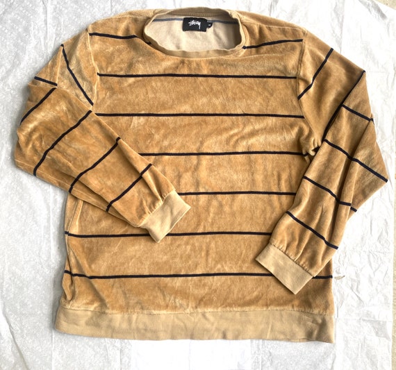 Stüssy Velour Velvet Crew Neck Long Sleeve Shirt Brown Navy  