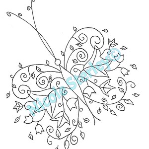 May include: A black and white line drawing of a butterfly with intricate floral details. The butterfly's wings are made up of swirling vines and leaves, creating a delicate and intricate design.