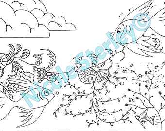 Flying fish - Printable Adult Colouring Page - Instant Download Adult Coloring Page - Instant Print Kids Colouring Page