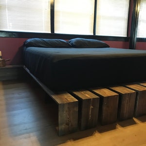 Handmade Modern Wood Platform Bed Frame w/ Bedside Tables & Bench