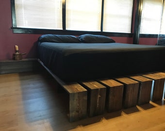 Handmade Modern Wood Platform Bed Frame w/ Bedside Tables & Bench