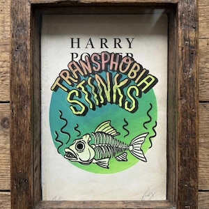 STINKS! Trans-Positive Screen Print on Reclaimed Harry Potter Pages, Hand-Pulled Signed Numbered Edition of 30, Queer Trans Art