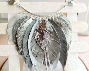 Leather necklace metallic gray leather feather necklace evening necklace western style necklace