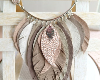 Leather necklace mokko beige leather feather necklace evening necklace for women bib necklace summer jewelry collar necklace