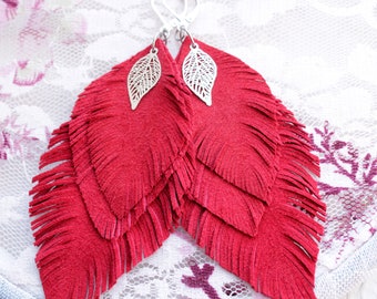 Red leather earrings Feather earrings Scarlet suede earrings Light earrings Leather feather earrings Red earrings