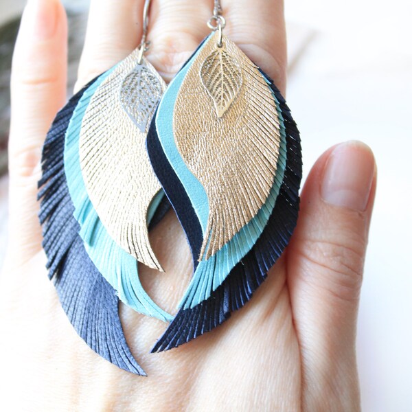 Blue mint leather earrings Wings leather earrings Feather earrings Leaf earrings Layering earrings Leather feather earrings Dangle earrings