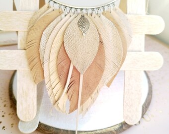 Leather necklace beige tan leather feather necklace evening necklace for women bib necklace summer jewelry