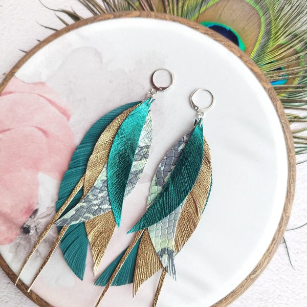 Boucles d'oreilles plumes en cuir bleu sarcelle : bijoux pendants longue feuille