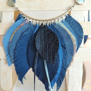 Blue Leather Feather Necklace: Bohemian Bib Statement Jewelry