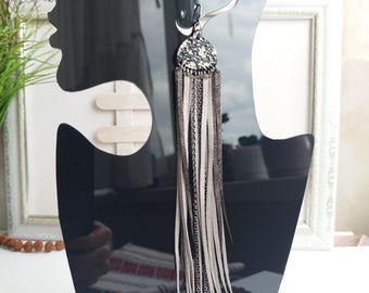 Long Leather Tassel Earrings, Gray & Black Fringe, Cocktail Jewelry