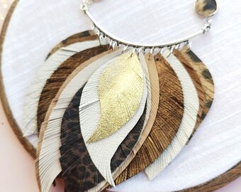 Leather necklace brown white beige leather feathers necklace evening necklace western style necklace