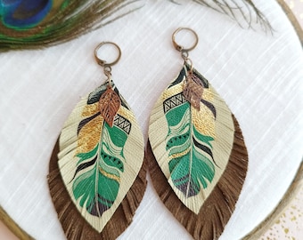 Lederohrringe Leder Federohrringe Braun beige Ohrringe Boho Ohrringe Leichte Ohrringe Handcut feder lederschmuck