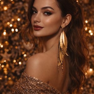 Large Leather Feather Earrings: Gold Brown Suede Boho Style