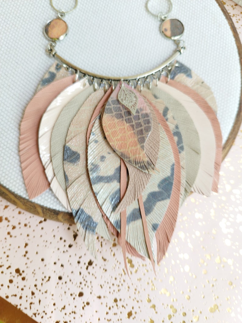 Leather necklace salmon pink leather feather necklace collar evening necklace western style necklace image 5