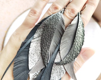 Gray silver long leather earrings Large leather feather earrings Feather earrings graphite leather earrings Bohemian earrings