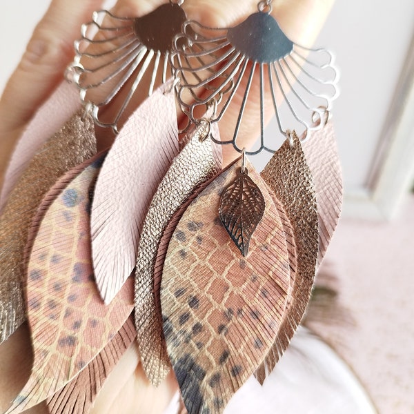 salmon rose gold long leather earrings large leather feather earrings feather earrings big leather earrings bohemian earrings