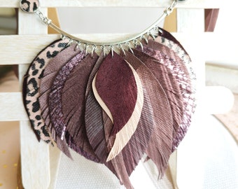 Leather necklace maroon pink leather feather necklace evening necklace western style bib necklace