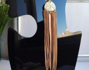 Long Leather Tassel Earrings, Gold and Beige Fringe, Cocktail Jewelry