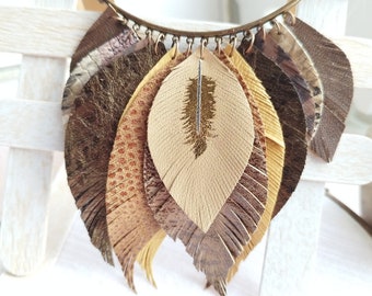 Leather necklace brown beige leather feathers necklace evening necklace western style necklace