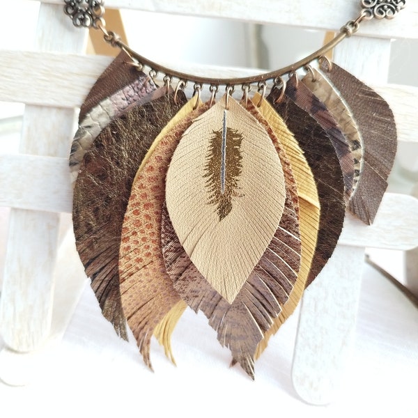 Leather necklace brown beige leather feathers necklace evening necklace western style necklace