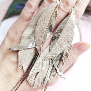 big leather feather earrings beige gold leather earrings feather earrings boho style earrings leather long earrings