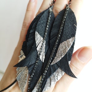 black silver leather feather earrings long  genuine leather earrings boho jewelry