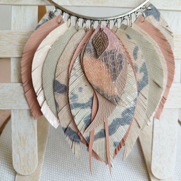 Leather necklace salmon pink leather feather necklace collar evening necklace western style necklace