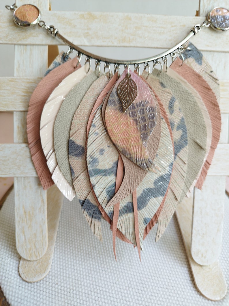 Leather necklace salmon pink leather feather necklace collar evening necklace western style necklace image 1