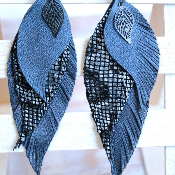 Blue feather earrings Leather earrings Feather earrings Leather feather earrings Light earrings Blue leaf earrings Handmade leather jewelry