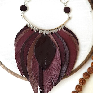 burgundy leather necklace maroon leather feather necklace evening necklace western style bib necklace