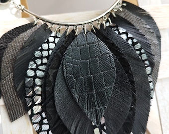 Leather feather necklace black bib leather necklace evening necklace western style necklace