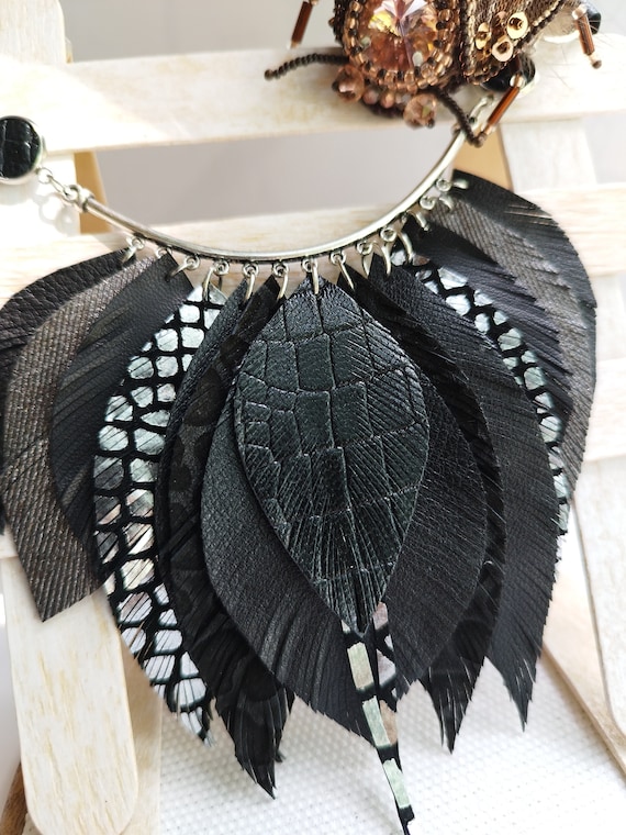 Leather Feather Necklace Black Bib Leather Necklace Evening