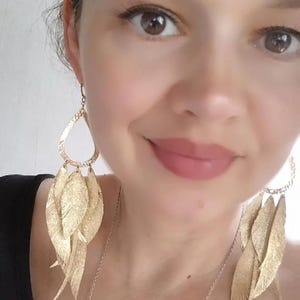 Gold Leather Feather Earrings: Extra Long Bohemian Dangle