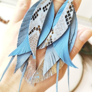 Light Blue Leather Feather Earrings: Boho Dangle Drop Jewelry