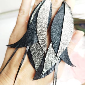 Long Leather Feather Earrings: Gray Black Boho Dangle Earrings
